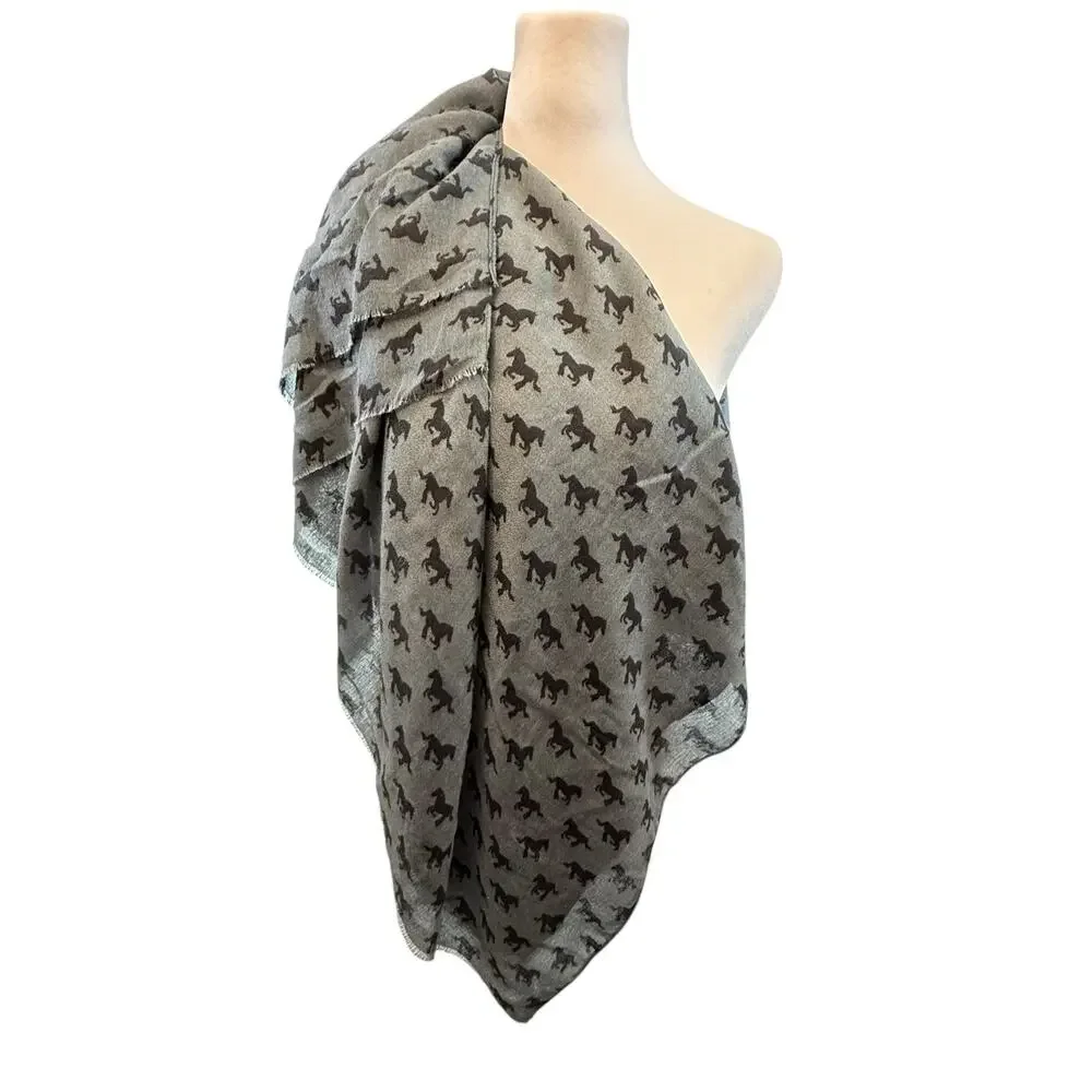 Semi-Sheer Soft Viscose Horse Print Rectangle Scarf Shawl Gray Black Western